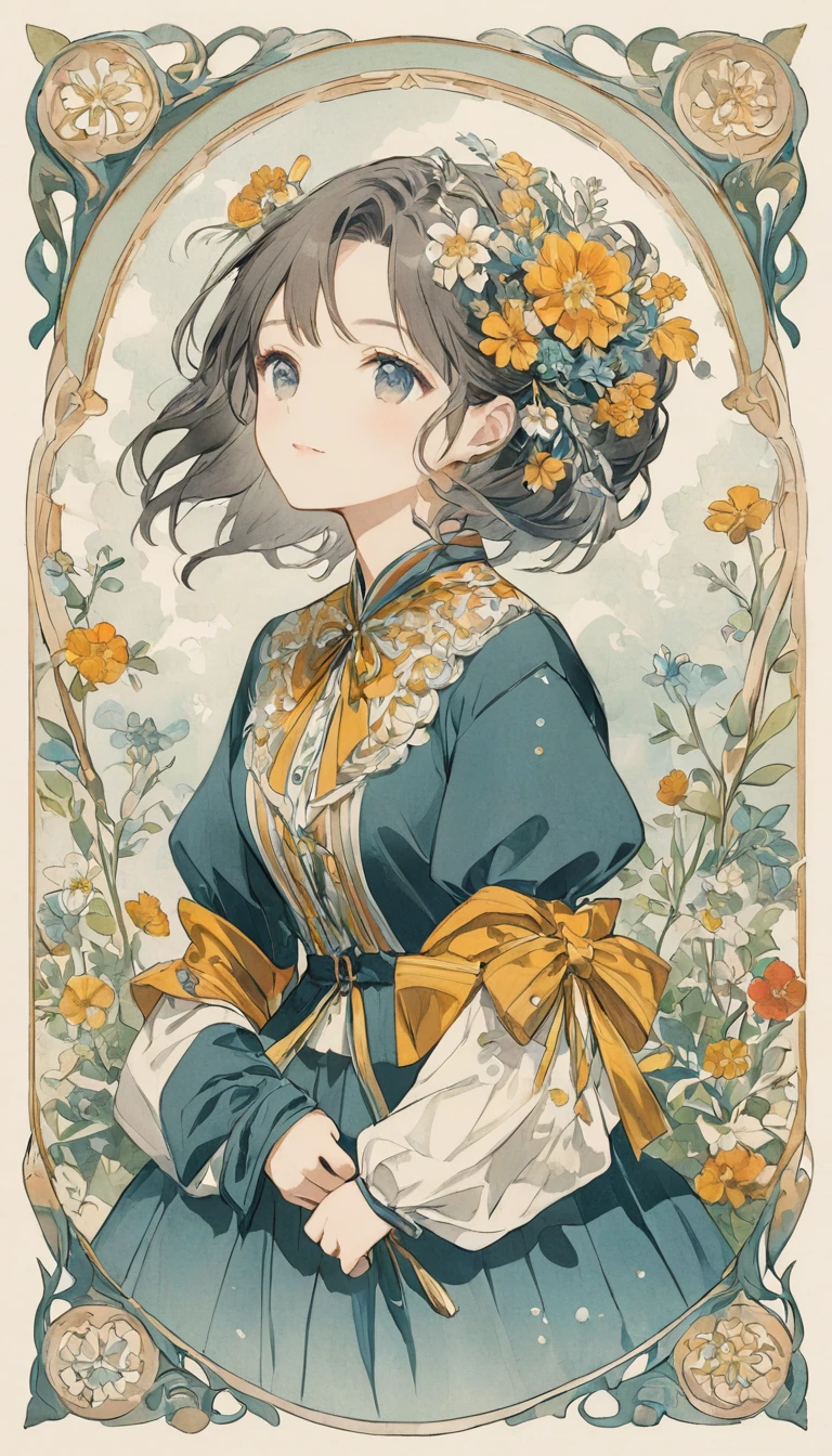 menera style, by Ernst Haeckel, exquisite illustration of a girl wearing flowers, anime, kawaii girl,mature women,facing forward