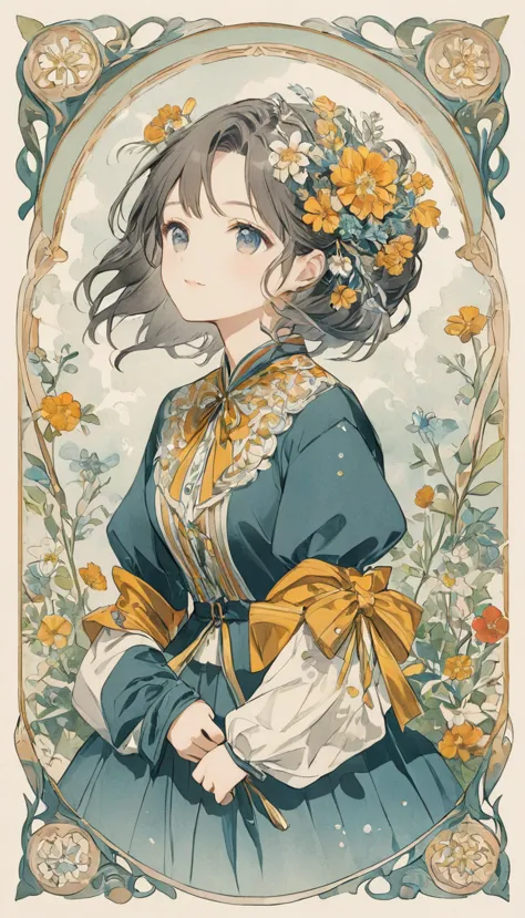 menera style, by ernst haeckel, exquisite illustration of a girl wearing flowers, anime, kawaii girl,mature women,facing forward