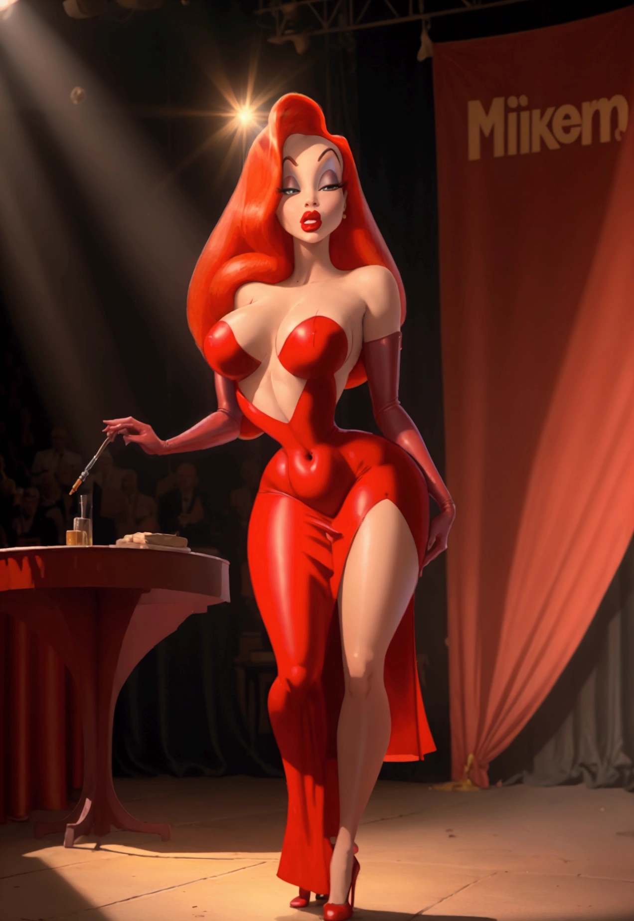 Masterpiece, high details, 8k, realistic, analog, 1girl, Jessica Rabbit with a big  in a red dress, high cut out, on stage, black  stockings,  sun shiny day 