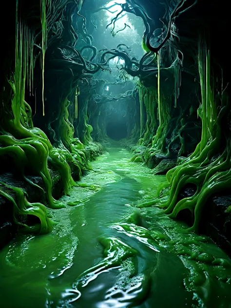 there is a green stream running through a dark cave, eerie jungle, swamp forest, strange alien forest, mysterious and scary fore...