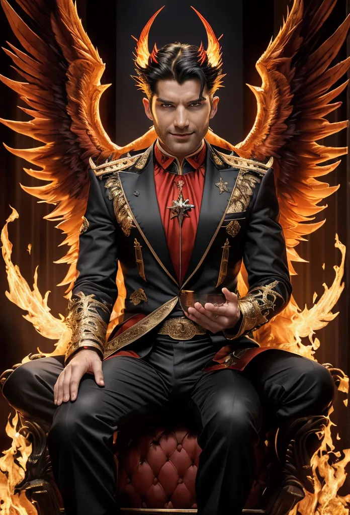 (8k, best quality, masterpiece:), lucifer morning star, a british male angel with dark hair, evil smile, flaming wings, devil, f...