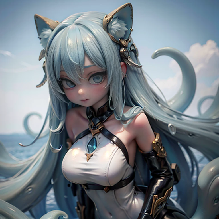 (Top quality, ultra-high quality, ultra-high definition, realistic masterpiece, high-definition CG illustration: 1.2) ((Cute short goddess, mini, , short, six-fifths body, lowering appearance age, baby face, sky blue hair like a clear blue sky, green eyes, younger than expected, rejuvenate, looks younger)), wearing a slime bodysuit, stomach is transparent and internal organs are visible, slime suit wriggling like several tentacles, effective use of LoRA