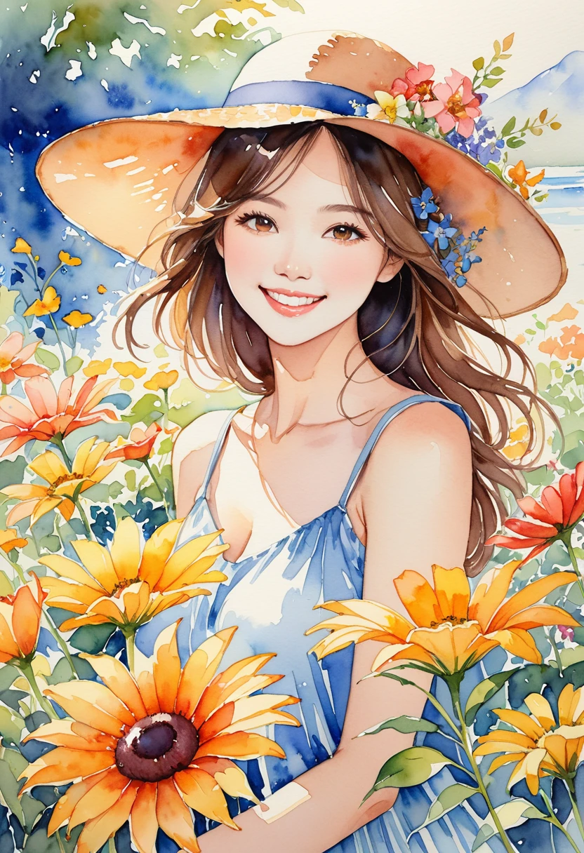 This is a very detailed watercolor painting, depicting flowers reminiscent of summer and a beautiful smiling woman.