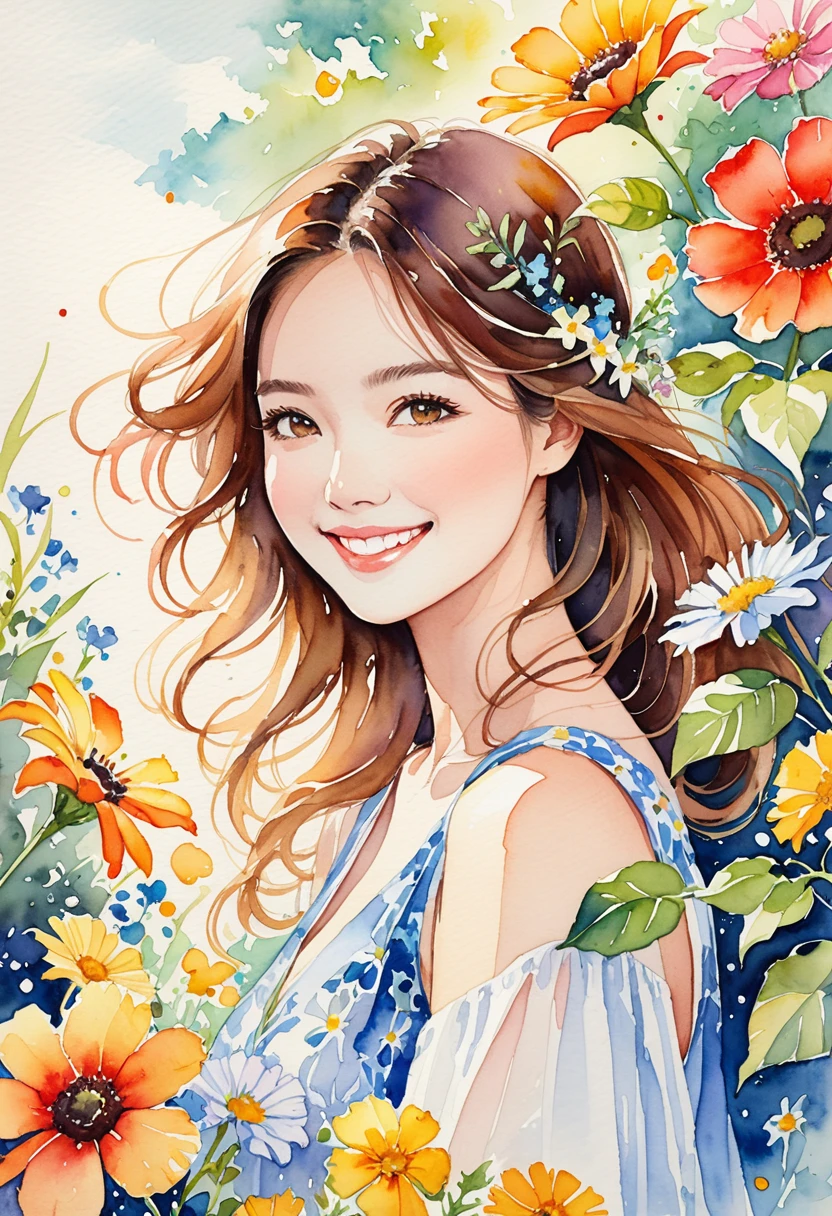 This is a very detailed watercolor painting, depicting flowers reminiscent of summer and a beautiful smiling woman.