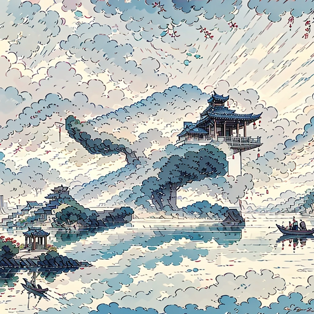 (Depth  of  field  effect)  (Chinese  ancient  architecture  group  on  isolated  island),  (Tower,  Building)  (Pavilion,  miscellaneous  trees,  Clouds,  green  trees,  maple  trees,  red  trees,  small  stones,  small  birds),  Chinese  watercolor  style,  (Chinese  painting  style),  Chinese  landscapes,  Traditional  Chinese  watercolor  paintings,  Chinese  paintings,  watercolor  8K,  (reflections),  clear  boundaries  between  light  and  shadow,  light  and  shadow,  light  and  shadow  effect,  masterpiece,  super  details,  epic  work,  ultra  high  definition,  high  quality,  very  detailed,  official  art,  unified  8K  wallpaper,  super  details，Contrast between light and dark.