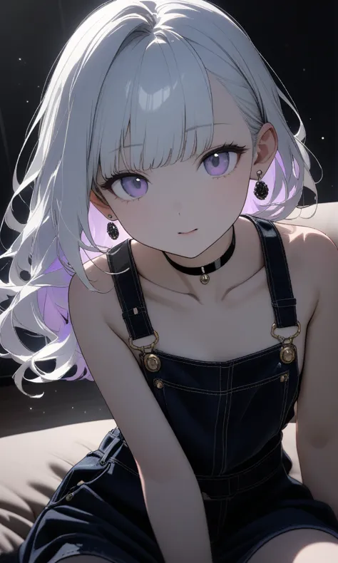 15-year-old girl, ((She has some silver earrings in her ears.. Black choker、Black luxury))、(White hair color、Light purple inner ...