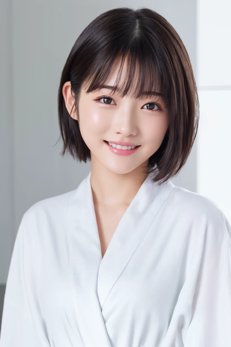 masterpiece, Highest quality, One Woman, (White bathrobe:1.2), 22 years old、(RAW Photos, Highest quality), (reality, Realistic:1.4), Clean look、Iris、very detailed eyes and face, Beautiful and detailed nose, beautiful eyes, Perfect Anatomy, Black short hair, bangs、Crystal skin, A big smile、Face Focus