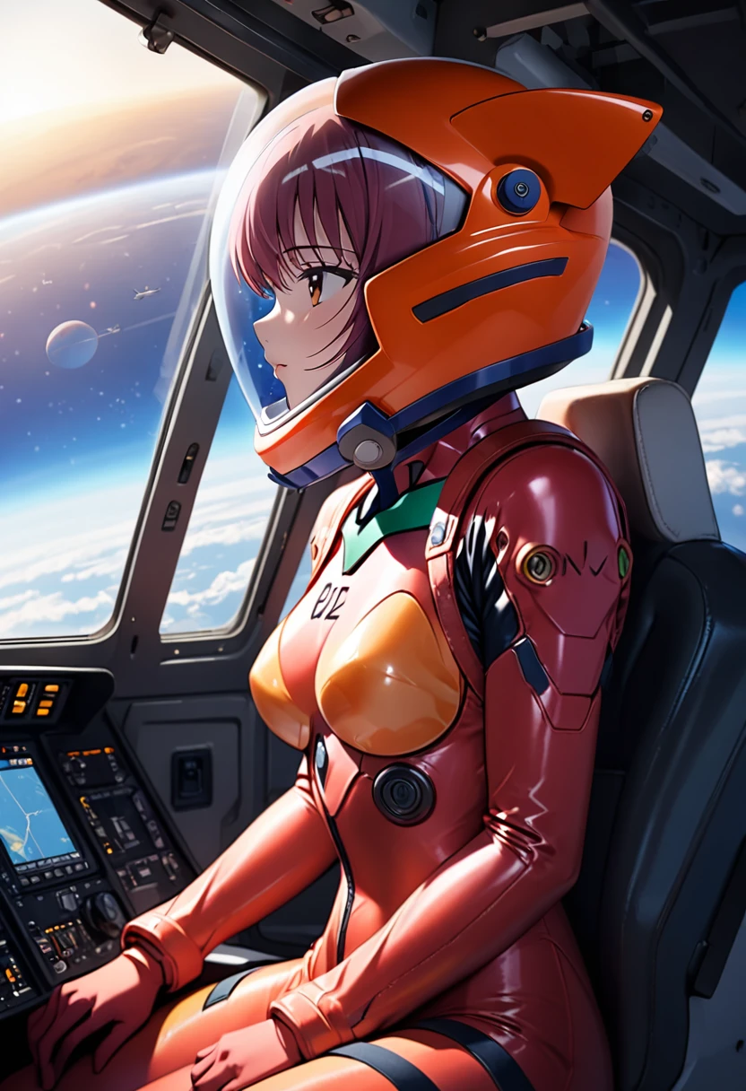 ((Female pilot in the cockpit of a reconnaissance plane), (airplane cockpit), (in flight), (10000 feet altitude)、(sky view):1.7),, short hair, street, emo, BLACK hair, white eyes, eyeliner, apocalypse, girl, nside the (cockpit:1.9) of a (futuristic spaceship:1.6), , blush,sitting on a chair, covered navel, space helmet, muvluv, space helm, plug suit , space helmet, eva helm, space suit, short hair, FROM SIDE