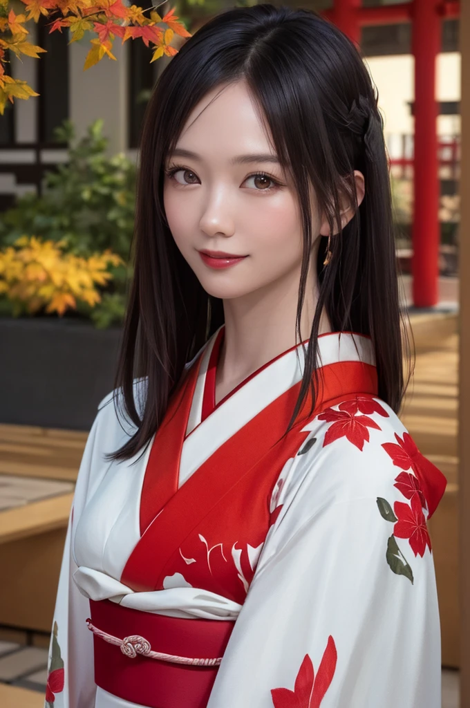 (Highest quality、8k、32K、masterpiece)、(Realistic)、(Realistic:1.2)、(High resolution)、Very detailed、Very beautiful face and eyes、(((Female solo shot)))、Frame In、Tight waist、(Highest quality、Attention to detail、Rich skin detail)、(Highest quality、8k、Oil paints:1.2)、(Realistic、Realistic:1.37)、Bright colors、(((Bust Shot)))、(((Medium Hair)))、(((smile)))、(((Black Hair)))、(((Red kimono)))、(((White and red kimono)))、(((Japanese garden)))、(((Autumn scenery)))、(((The appearance of a Japanese woman)))、