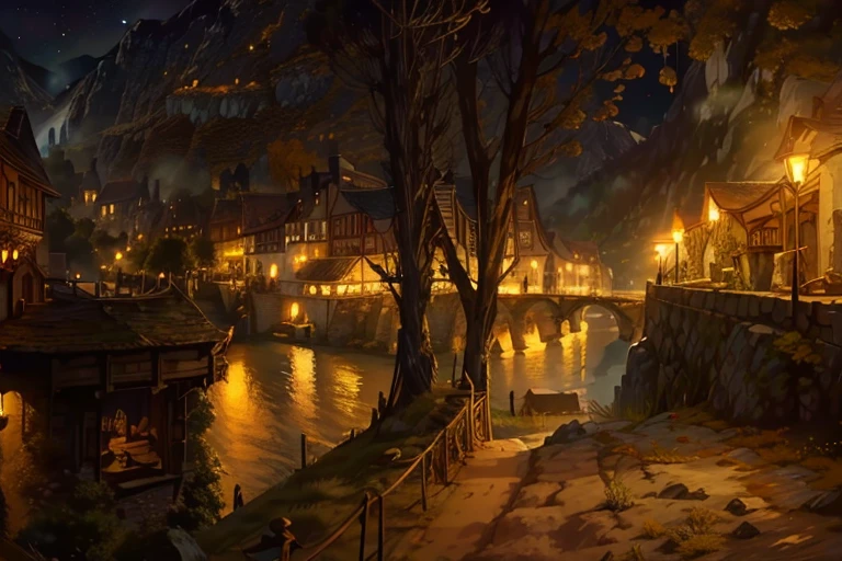 riverのnight景、river沿い、river、The street lights are twinkling、night、Starry Sky、beautiful、Western style、European Town