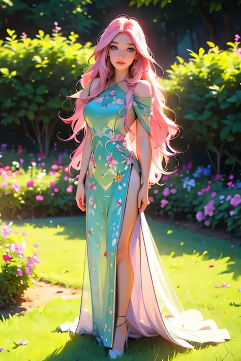 a woman with long pink hair and green eyes standing in a garden, highly detailed, 8k, masterpiece, elegant, photorealistic, stud...