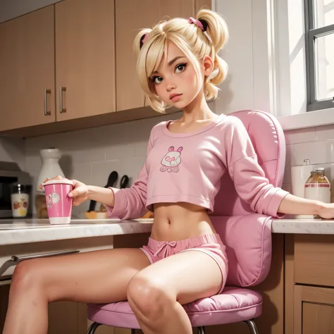 1 skinny girl, short blond hair with pigtails, pink crop top, cotton pajamas shorts, wool pink socks, sitting in a high chair in...