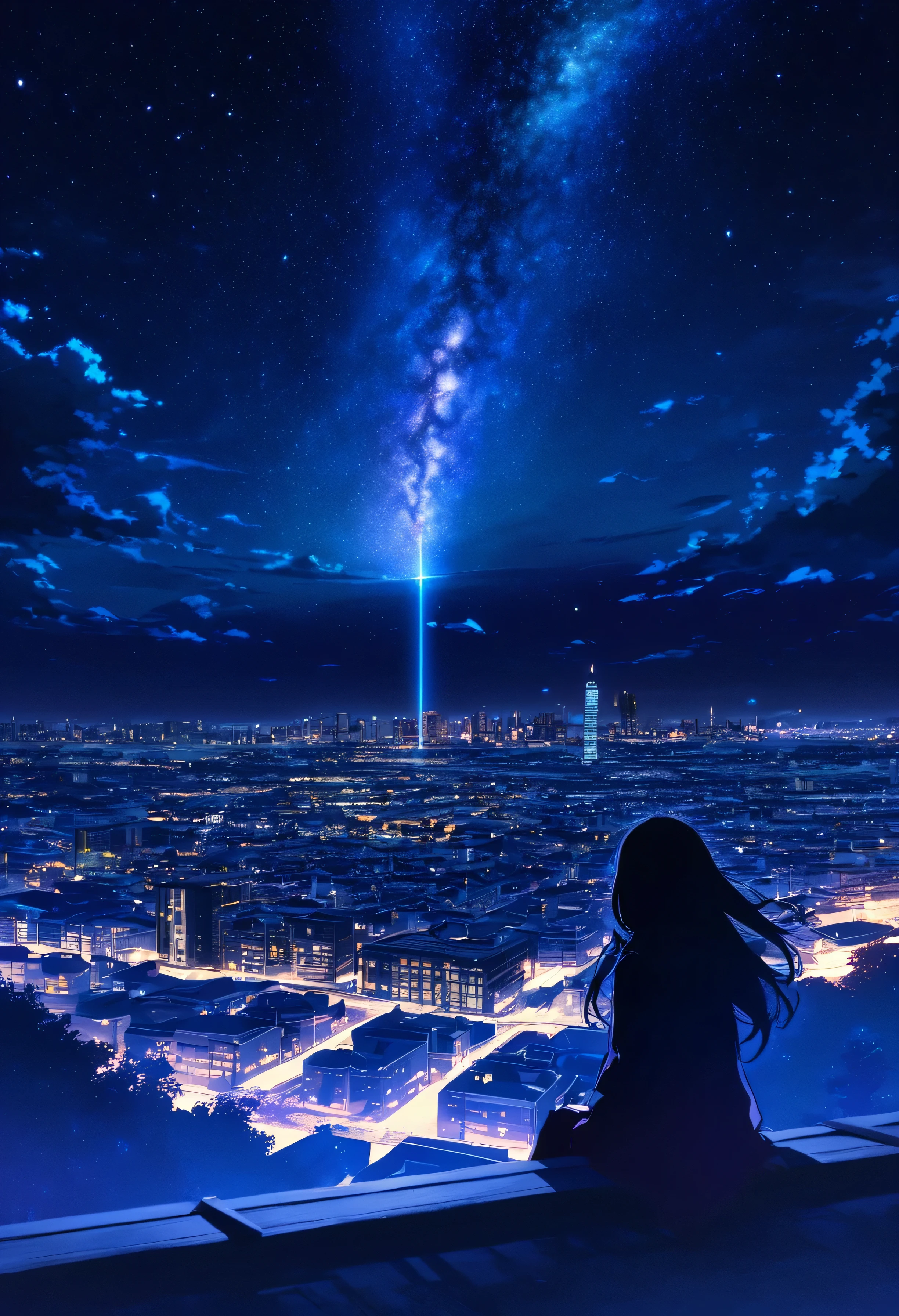 Octane, null, star (null), scenery, starry null, night, One girl, night null, alone, Outdoor, building, cloud, milky way, Sitting, wood, Long Hair, city, silhouette, cityscape