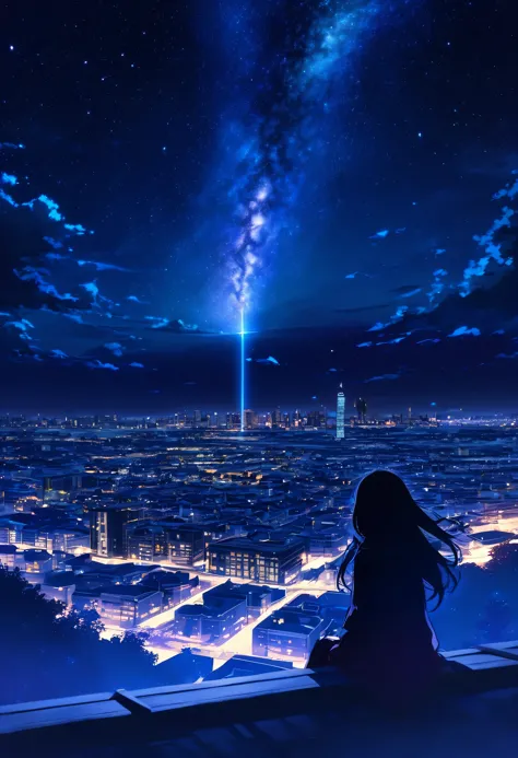 Octane, null, star (null), scenery, starry null, night, One girl, night null, alone, Outdoor, building, cloud, milky way, Sittin...