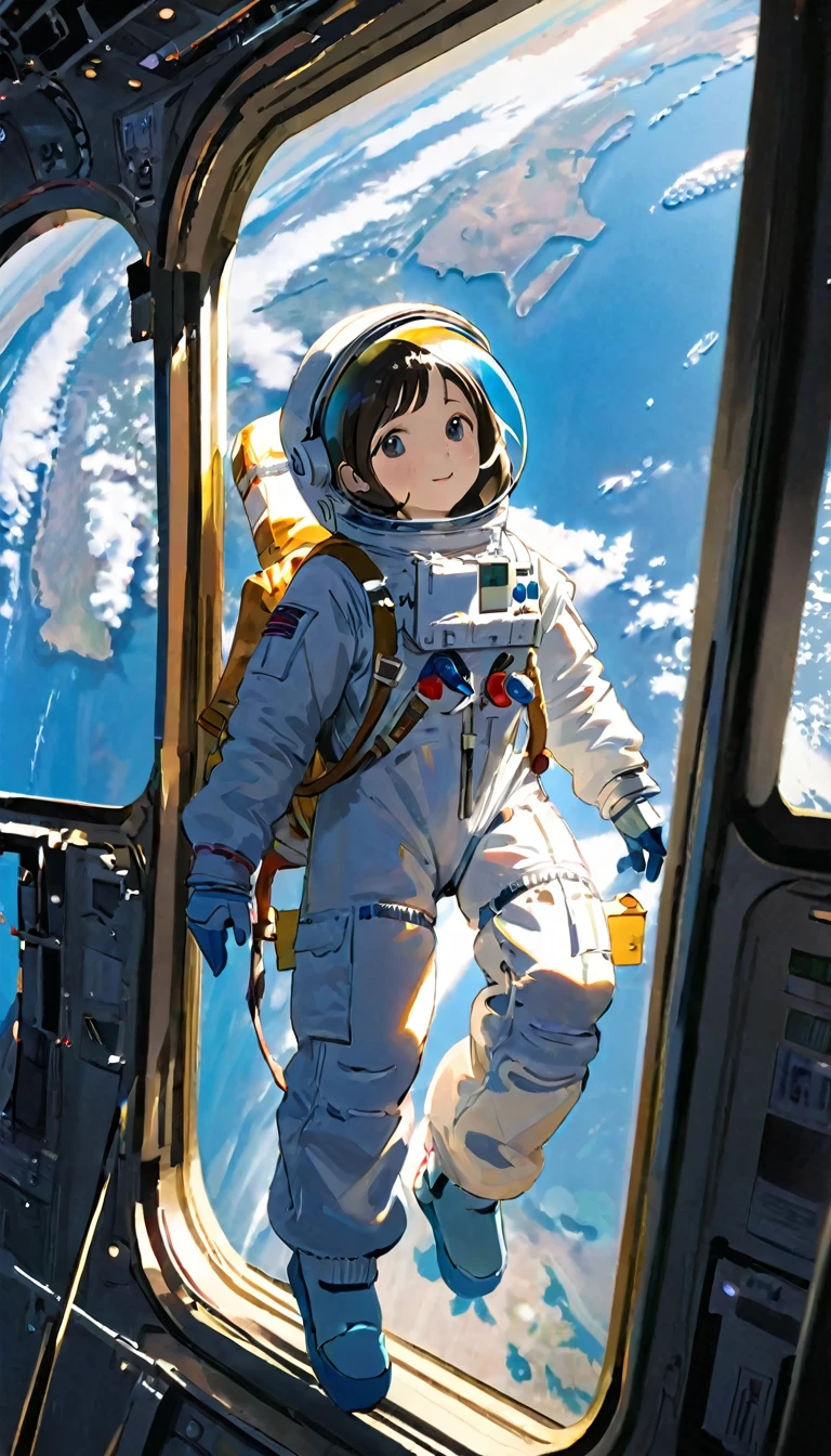 Highest quality、masterpiece、High resolution、RAW Photos、break、Perfect Anatomy、One Girl、Reflective helmet、Put on a helmet、Astronaut suits that fit snugly against the skin、２０talent、Zero Gravity Swimming、Space Station、Experimental building、Complex Measurements、Detailed Description、近未来のSpace Station、break、Earth seen from the window、Beautiful Earth、Blue Earth、