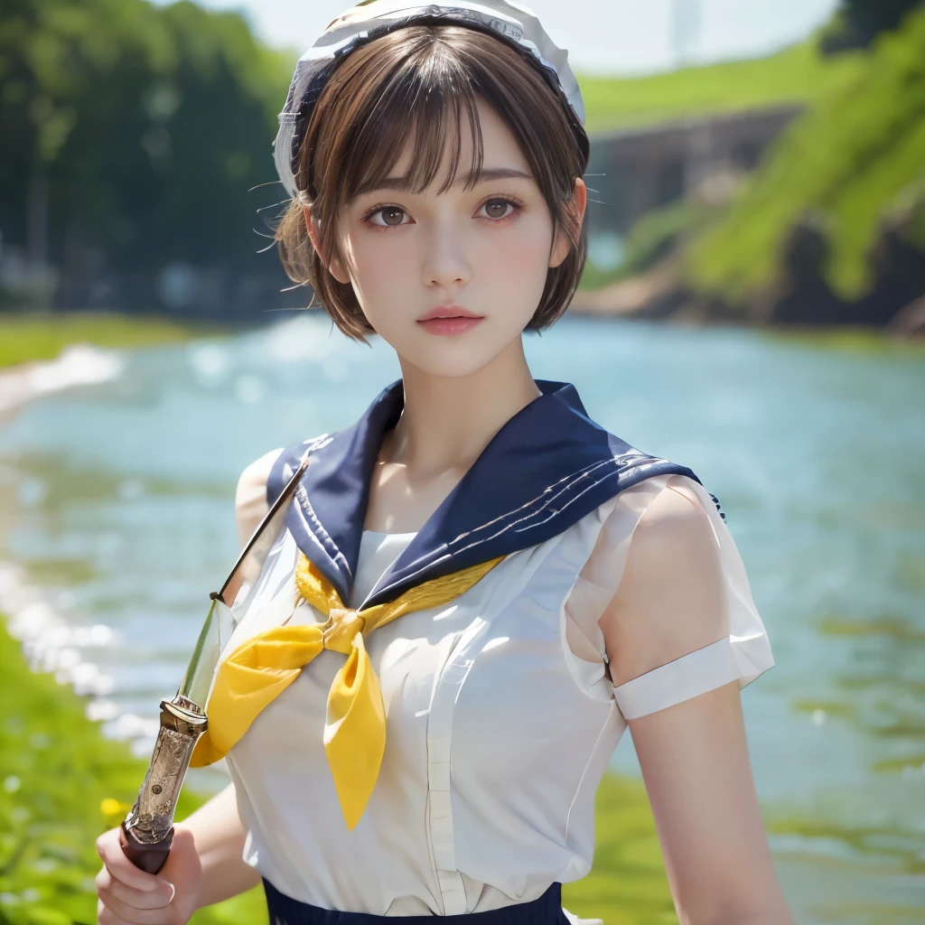 (Realistic:1.3), 8k, Healthy Photos, Realistic skin texture, (masterpiece, Highest quality, High resolution:1.2), (Very detailed, Intricate details, High resolution), Textured skin, Skin pores, Intricate details, One Girl, Straight Short Hair,whole body,Ultra mini skirt,(Sailor suit),Beautiful Skin,Realistic Face,(Has a glass sword)