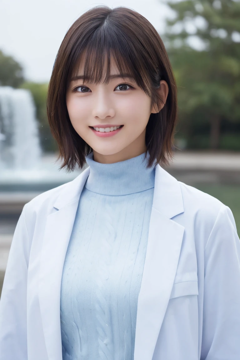 masterpiece, Highest quality, One Woman, (White coat、Light blue turtleneck:1.2), 22 years old、(RAW Photos, Highest quality), (reality, Realistic:1.4), Upper Body、Clean look、Iris、very detailed eyes and face, Beautiful and detailed nose, beautiful eyes, Cinema Lighting, (Plein Air:1.3), Fountain at night, Reflection of light, Perfect Anatomy、Black short hair, bangs、Crystal skin, A big smile、Face Focus