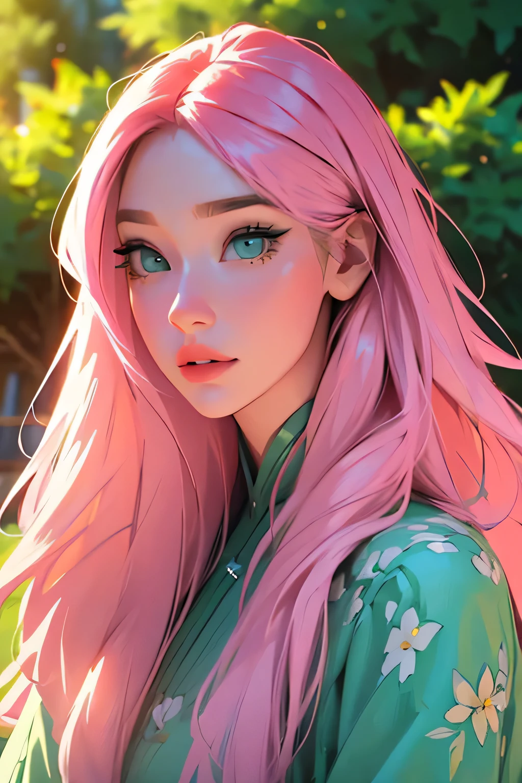 uma mulher com cabelo rosa comprido e olhos verdes de pé em um jardim olhando para cima, Altamente detalhado, 8K, obra de arte, elegante, fotorrealista, iluminação de estúdio, cores vibrantes, lindos olhos detalhados, lindos lábios detalhados, rosto extremamente detalhado, cílios longos, pose dinâmica, fundo da natureza, vegetação exuberante, Flores desabrochando, raios solares, detalhes intrincados, 