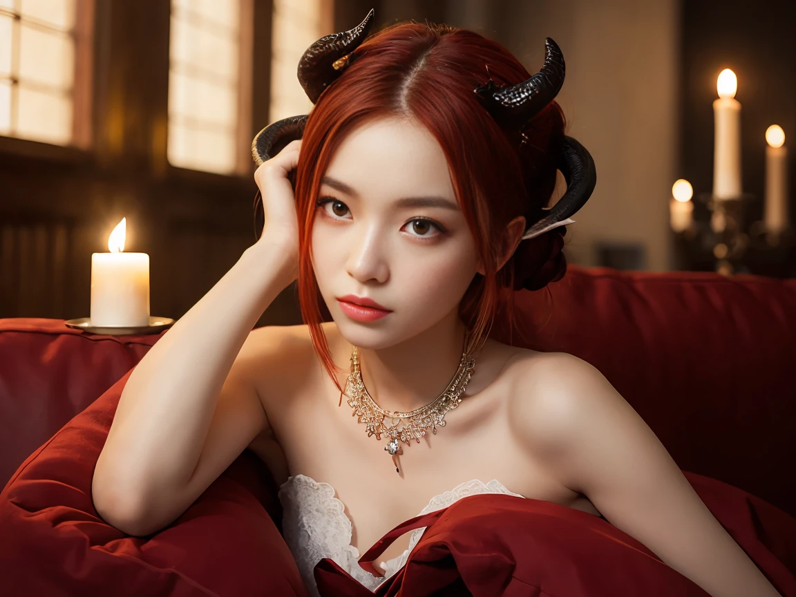 red hair, braided bun, (dragon horns), mismatched pupils, sleepy, Baroque, chiaroscuro, anatomically correct, super detail, high details, best quality, high quality, textured skin, ((masterpiece)), accurate, Demon queen, demon, lying on sofa, looking up, Put her arm under your head as a pillow, arm-pillow, Sleepy appearance, A dark room lit only by candlelight, a candelabra, Off-the-shoulder dress, ruby ​​necklace