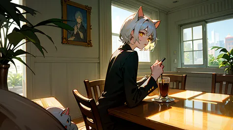 white-haired cat-eared girl、yellow eyes、cat eyes、a modern and sophisticated urban cafe、light shines through the glass window、chi...