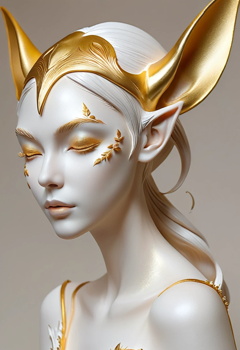 Beautifully decorated ornaments, artistic crafts, 3D white clay statue with rough surface and graininess, graceful elf ears, artistic beauty, tracing gold, gold, golden powder, (best quality,4k,8k,highres,masterpiece:1.2),ultra-detailed,(realistic,photorealistic,photo-realistic:1.37)