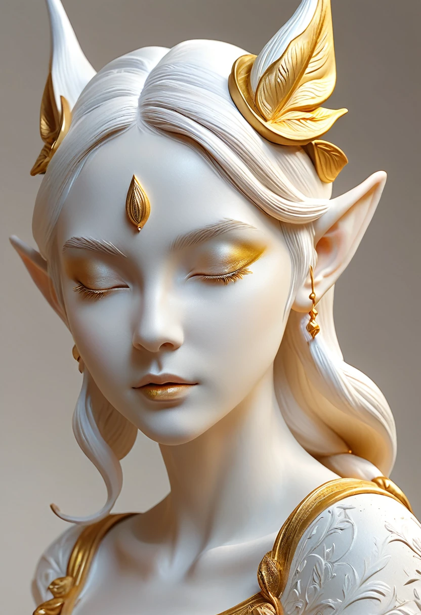 Beautifully decorated ornaments, artistic crafts, 3D white clay statue with rough surface and graininess, graceful elf ears, artistic beauty, tracing gold, gold, golden powder, (best quality,4k,8k,highres,masterpiece:1.2),ultra-detailed,(realistic,photorealistic,photo-realistic:1.37)