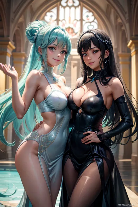 (2 chicas), aqua,darkness, big tits, skinny dress, smile, elegant, perfect face, masterpiece, baile elegante,