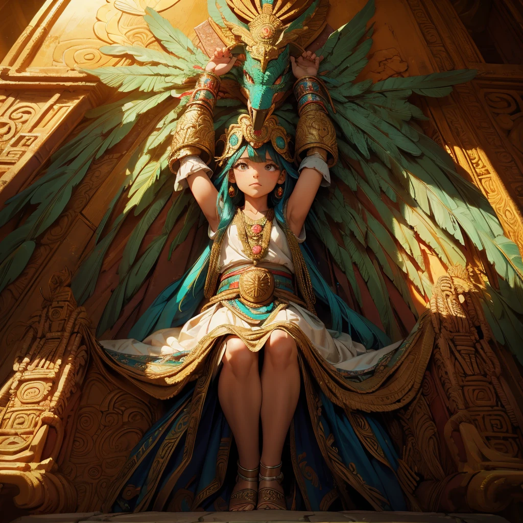 Childish,  high quality、Very detailed、８Year、Mayan Aztec young priestess、Flying Feathered Serpent（Quetzalcoatl Kukulkan）look up at the sky and pray、Chichen Itza Forest Temple of the Sun、mysterious、The whole body is visible