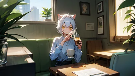 white-haired cat-eared girl、yellow eyes、cat eyes、a modern and sophisticated urban cafe、light shines through the glass window、chi...