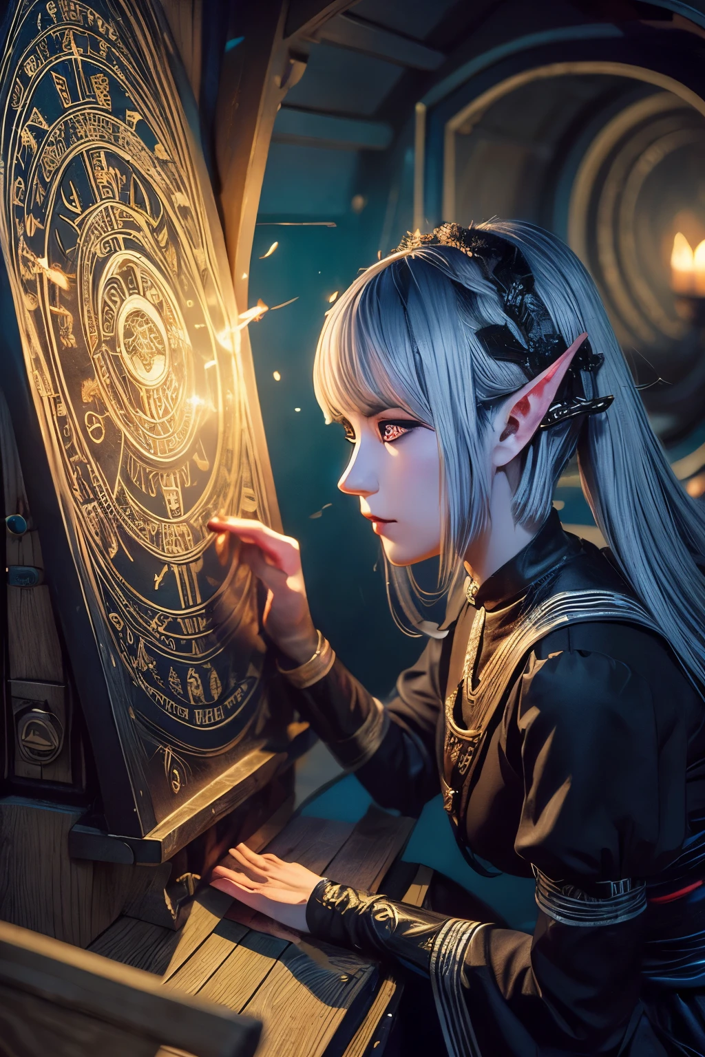 (Ultra-detailed face, looking away, Fantasy Illustration with Gothic, Ukiyo-e, Comic Art), 
BREAK 
(DarkElves: These middle-aged dark elf woman have silver hair, blunt bangs, pigtail hair, dark purple skin, and lavender eyes.), 
BREAK 
(The dark elf female navigator is wearing a tight sailor dress with a blue and white swirl pattern and sandals with the same pattern.), 
BREAK 
(The dark elf female navigator operates a rudder wheel in the wheelhouse of a medieval-era galley-style fast-flying amphibian, surrounded by a ring of seven-colored flames for power.)