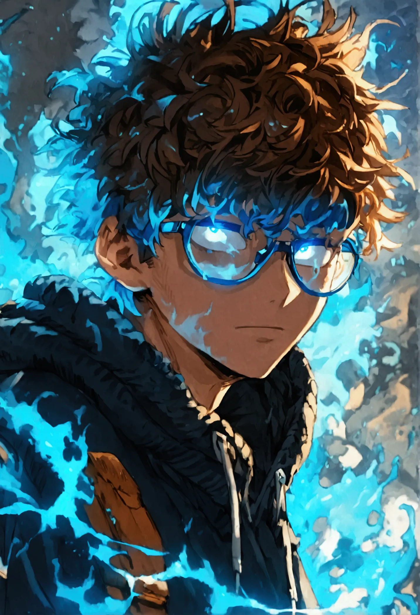 a white eyed boy with blue glasses with brown hair wearing a dark blue hoodie with blue pants with an electric blue d colored au...