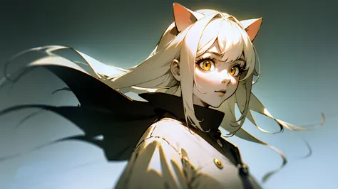 white-haired cat-eared girl、yellow eyes、cat eyeinimalist style female portrait、monochrome outfit on a white background、simple ac...