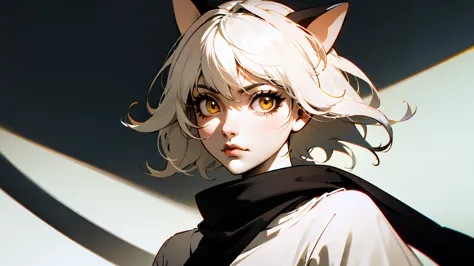 white-haired cat-eared girl、yellow eyes、cat eyeinimalist style female portrait、monochrome outfit on a white background、simple ac...