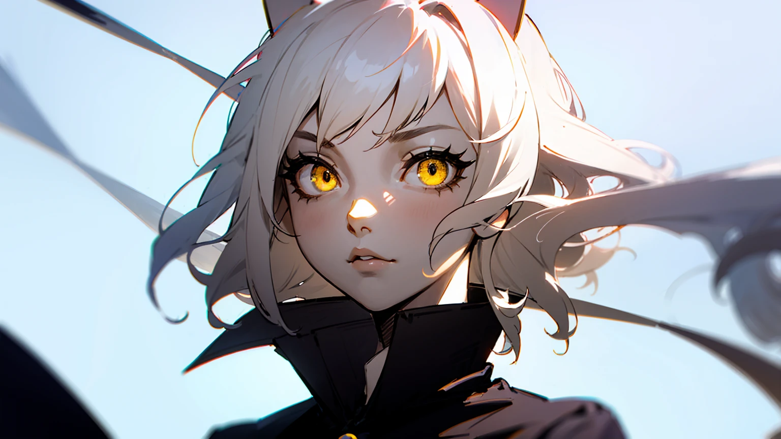 White-haired cat-eared girl、Yellow Eyes、Cat Eyeinimalist style female portrait、Monochrome outfit on a white background、Simple accessories and clean lines、In a modern studio with soft lighting、Cool and elegant atmosphere