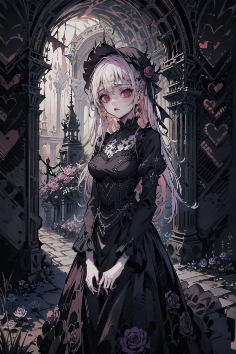 ネオゴススタイルのgirl, wearing a black dress and a white collar, wearing a black hat、wearing heavy makeup, standing in a mystical garden...