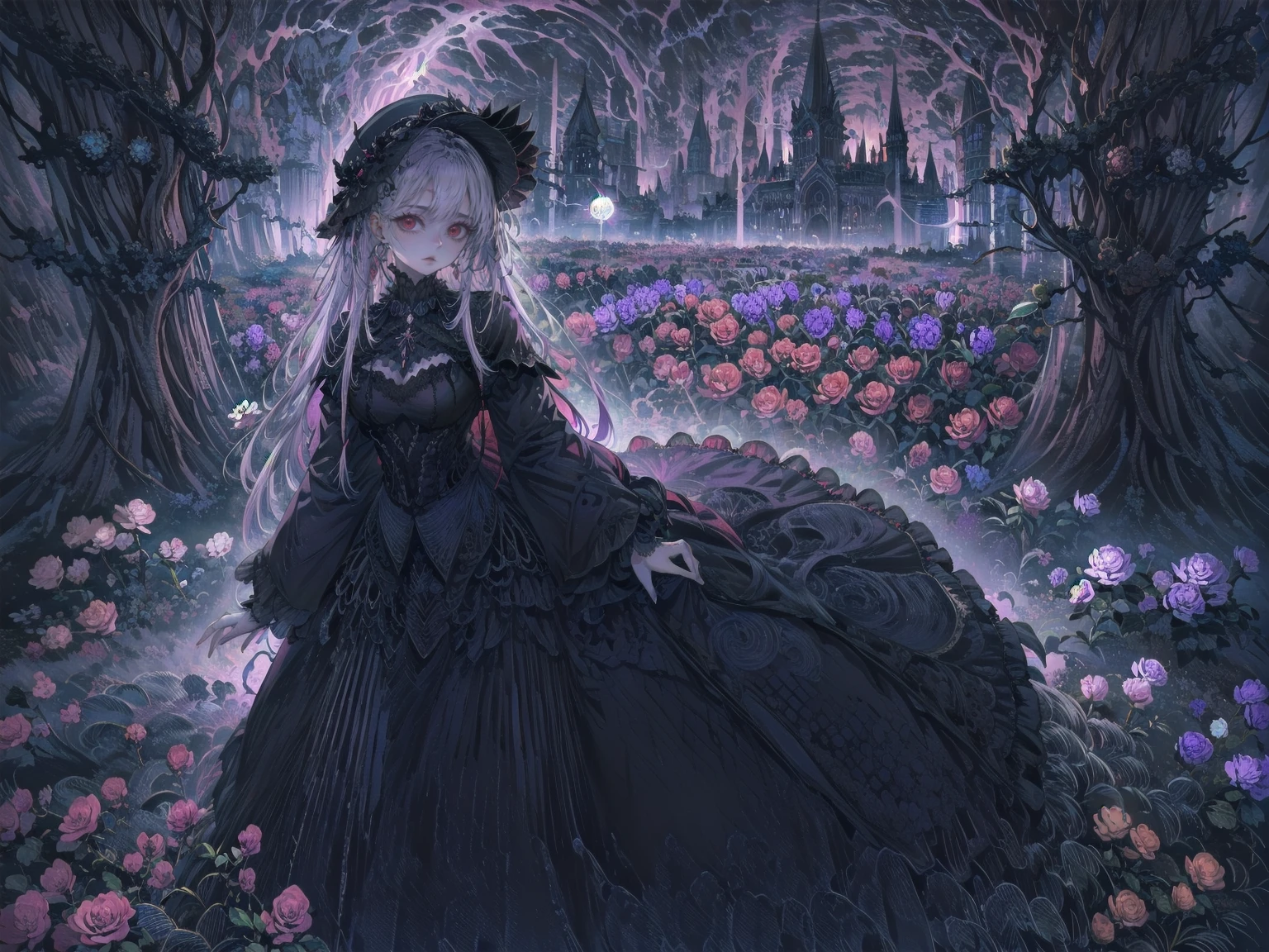 ネオゴススタイルのgirl, Wearing a black dress and a white collar, Wearing a black hat、wearing heavy makeup, Standing in a mystical garden surrounded by vines. The garden is full of deep purple flowers.、Gothic architecture in the background。. girl&#39;My hair is black、Her hair is in long braids.、A red rose is pinned to the side。. Her eyes are sharp、It&#39;Like being stabbed., Thick black eyeliner and long lashes. She has a pale complexion.、Her lips are bright red.. The atmosphere is gloomy and eerie, with dim lighting casting long shadows. This piece combines digital illustration and photography.., the result、The result is an incredibly high-resolution image. Most of the colors are dark、I&#39;Calm, Deep reds and purples create a dark beauty.. The overall style of the image is neo-Gothic., Horror, Portrait Photography, Create a unique and compelling visual experience.Dark Imagery
