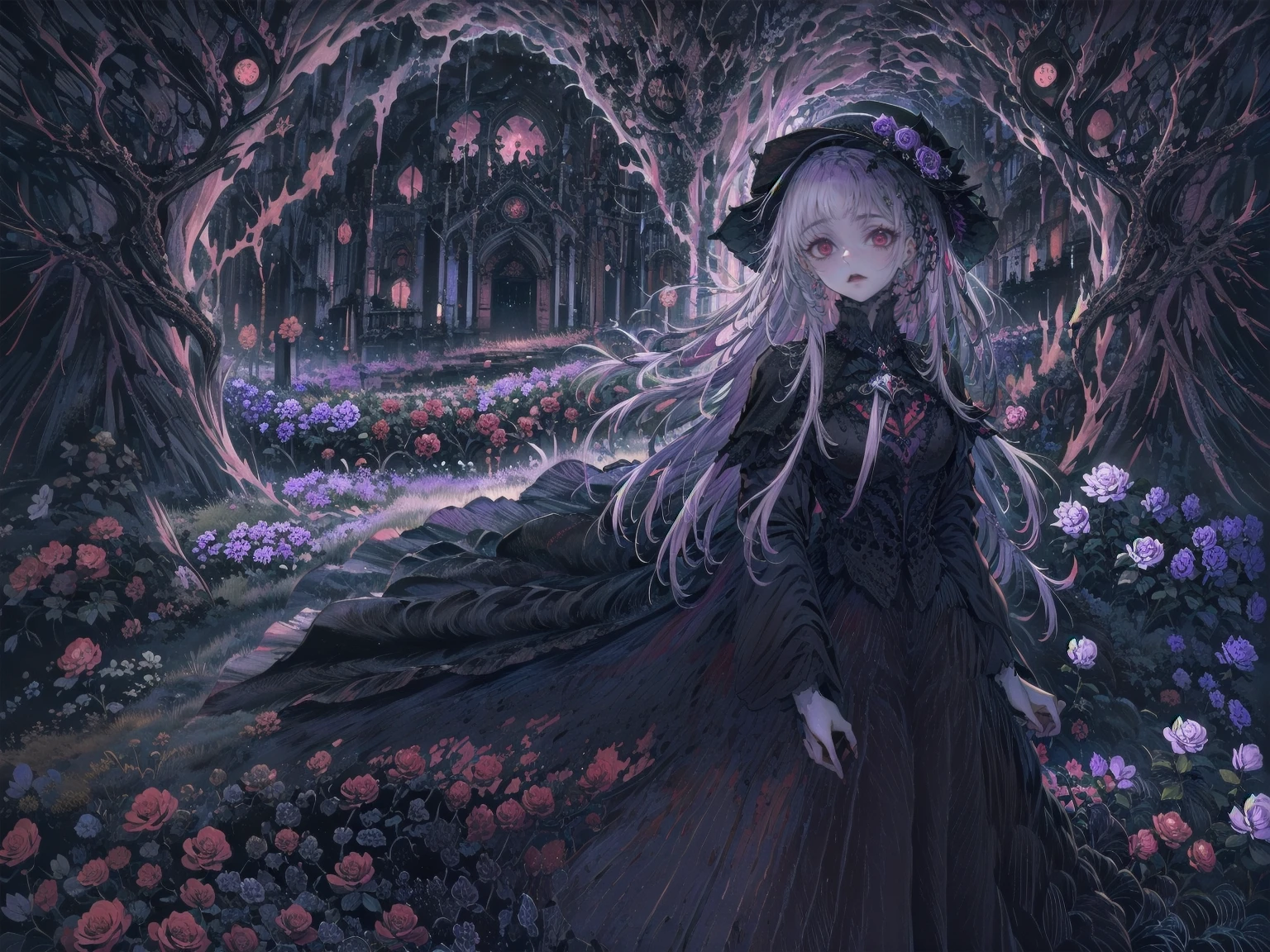 ネオゴススタイルのgirl, Wearing a black dress and a white collar, Wearing a black hat、wearing heavy makeup, Standing in a mystical garden surrounded by vines. The garden is full of deep purple flowers.、Gothic architecture in the background。. girl&#39;My hair is black、Her hair is in long braids.、A red rose is pinned to the side。. Her eyes are sharp、It&#39;Like being stabbed., Thick black eyeliner and long lashes. She has a pale complexion.、Her lips are bright red.. The atmosphere is gloomy and eerie, with dim lighting casting long shadows. This piece combines digital illustration and photography.., the result、The result is an incredibly high-resolution image. Most of the colors are dark、I&#39;Calm, Deep reds and purples create a dark beauty.. The overall style of the image is neo-Gothic., Horror, Portrait Photography, Create a unique and compelling visual experience.Dark Imagery
