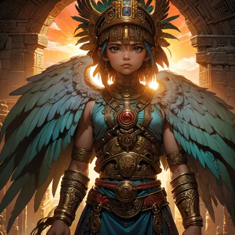 childish,  high quality、very detailed、８year、mayan aztec young priestess、flying feathered serpent（quetzalcoatl kukulkan）look up a...