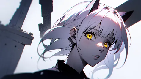 white-haired cat-eared girl、yellow eyes、cat eyeinimalist style female portrait、monochrome outfit on a white background、simple ac...