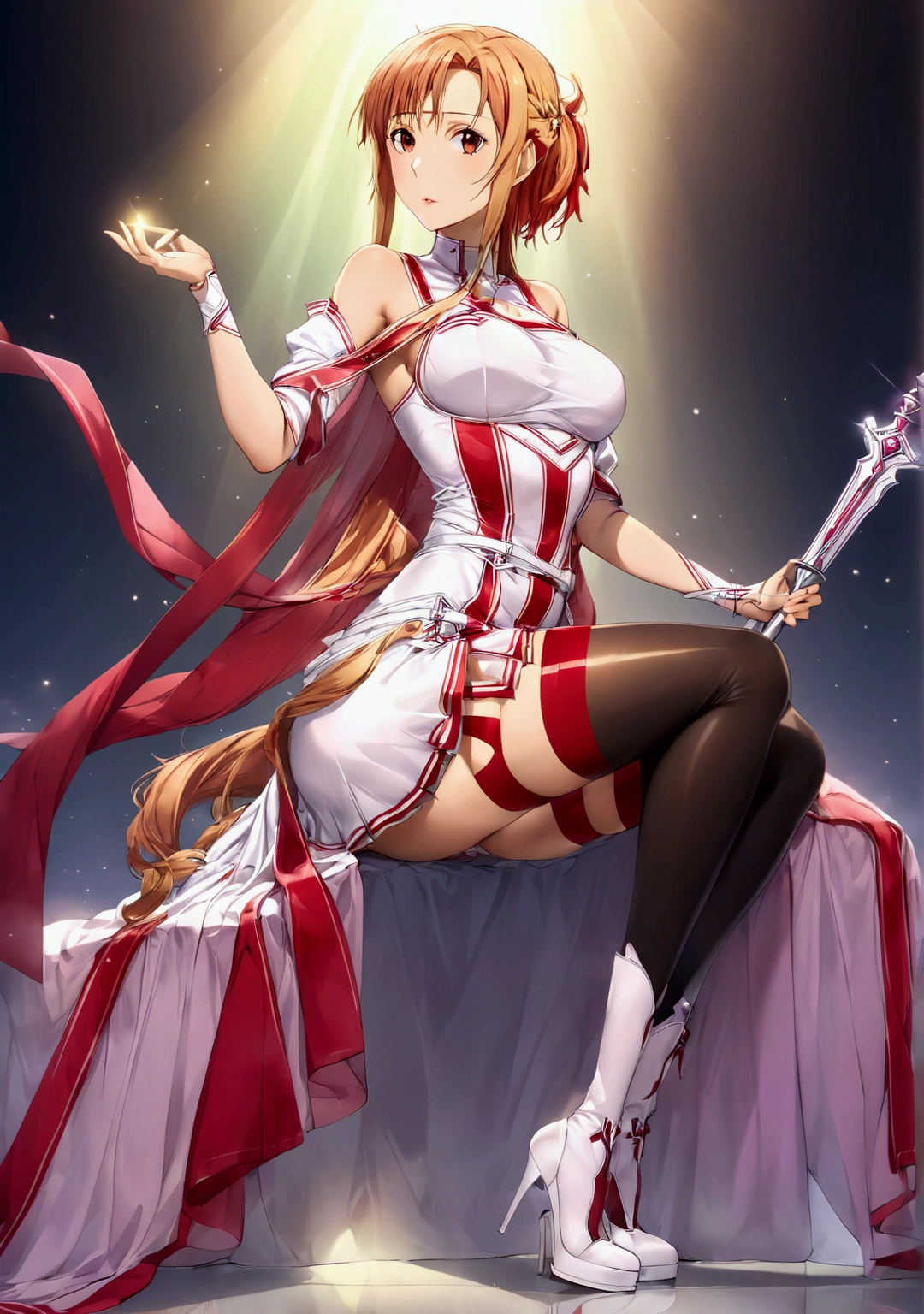 A criação sensual de Asuna Yuuki: Uma garota arrebatadora com madeixas cor de tomate estilizadas em um penteado goto elegante, posa sedutoramente contra um cenário celestial irradiando um brilho sobrenatural. Suas características marcantes incluem um rosto bonito com um rosto bem trabalhado, Lábios carnudos, e físico tonificado acentuado por seios de tamanho médio, um busto moderado, e um derrière curvilíneo. Ela usa um vestido branco deslumbrante adornado com listras vermelhas vibrantes, mostrando seus ombros nus, saia curta caindo logo acima dos joelhos realçando meias altas com listras vermelhas correspondentes. O conjunto é complementado por sapatos brancos imaculados. Uma espada majestosa brilha em iluminação divina ao seu lado, contra o cenário etéreo, criando uma cena visualmente deslumbrante e cativante que exala sensualidade e fascínio.