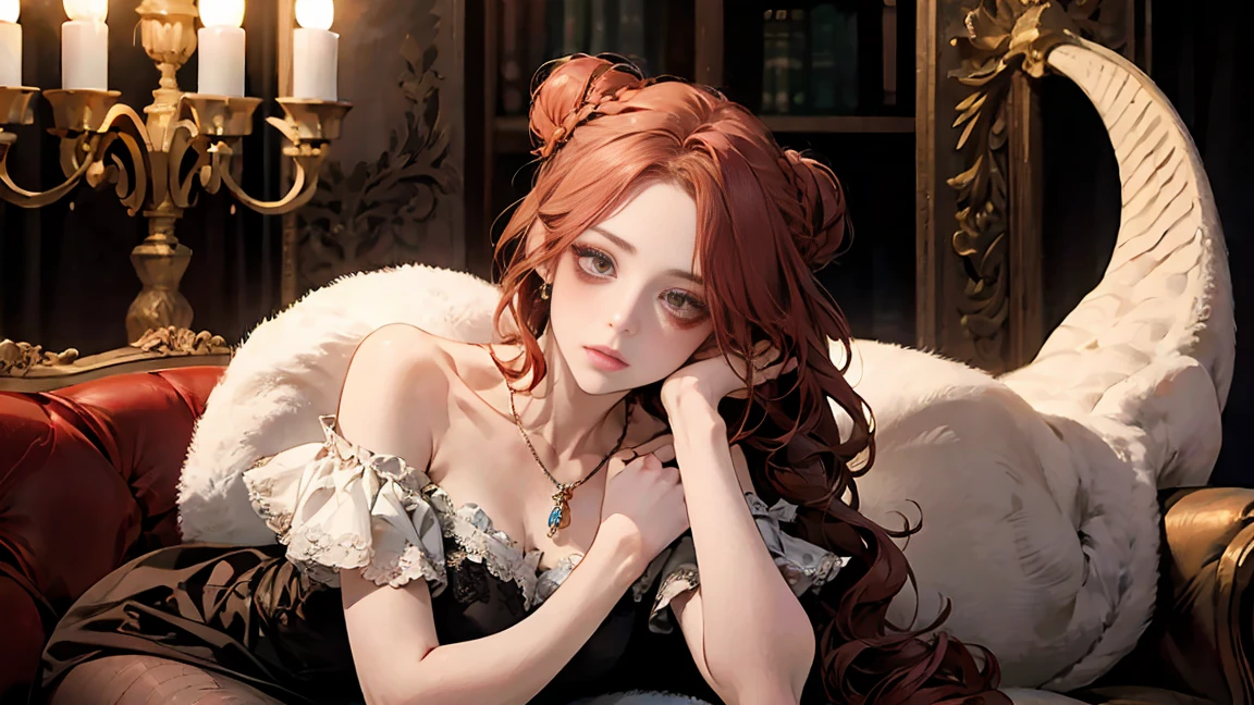 red hair, braided bun, (dragon horns), mismatched pupils, sleepy, Baroque, chiaroscuro, anatomically correct, super detail, high details, best quality, high quality, textured skin, ((masterpiece)), accurate, Demon queen, demon, lying on sofa, looking up, Put her arm under your head as a pillow, arm-pillow, Sleepy appearance, A dark room lit only by candlelight, a candelabra, Off-the-shoulder dress, ruby ​​necklace