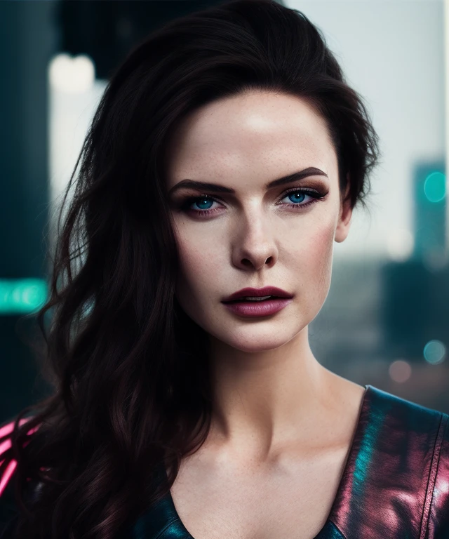 a woman, in elegant dress cinematic, close up, (Cyberpunk), futuristic, neon, urban, dystopian