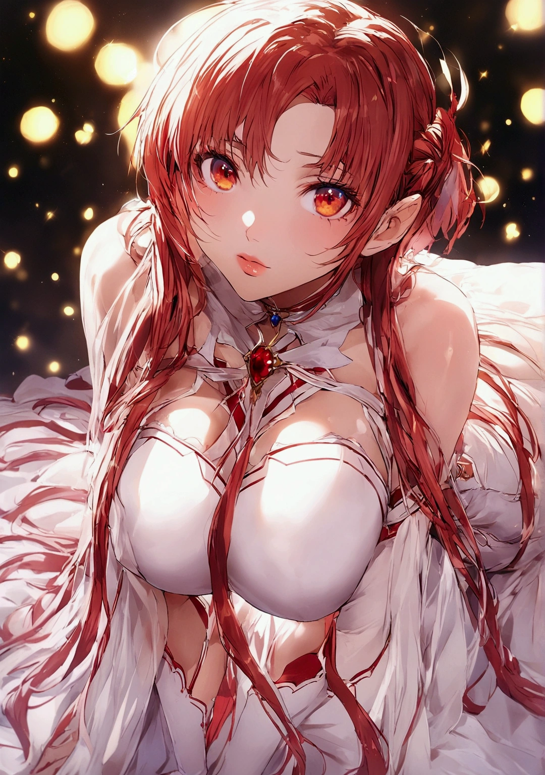 La sensual creación de Asuna Yuuki: Una chica deslumbrante con mechones en tonos tomate y un elegante peinado goto., Mira seductoramente a la cámara. Sus rasgos llamativos, Incluyendo una cara bonita con un rostro bien elaborado y labios carnosos., están iluminados por el calor, iluminación dorada. El físico tonificado de la modelo se ve acentuado por sus pechos de tamaño mediano., un busto moderado, y un trasero curvilíneo, Se mostró a través de un impresionante vestido blanco adornado con rayas rojas vibrantes.. El vestido cae justo por encima de las rodillas., Destacando atractivas medias hasta el muslo con rayas rojas a juego, Combinado con zapatos blancos impecables. a su lado, Una espada majestuosa brilla con una luz divina, con un telón de fondo celestial que irradia un brillo de otro mundo, Completando la escena visualmente impactante y cautivadora que irradia sensualidad y encanto.