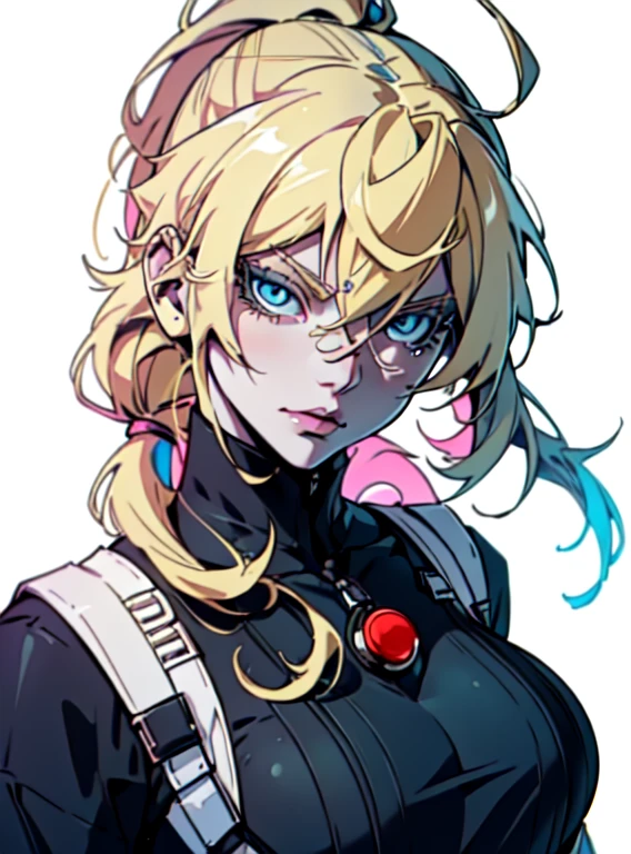 ((one girl)), close up shot of a anime girl with long thin light blonde hair tied in a ponytail looking at the viewer with a seductive look, lips half open, dynamic pose, (((pale skin))), multicolored hair blonde and blue, blue eyes, (((wearing modern urban clothes fashion))), (((big breasts))), blonde anime girl with long hair, white background