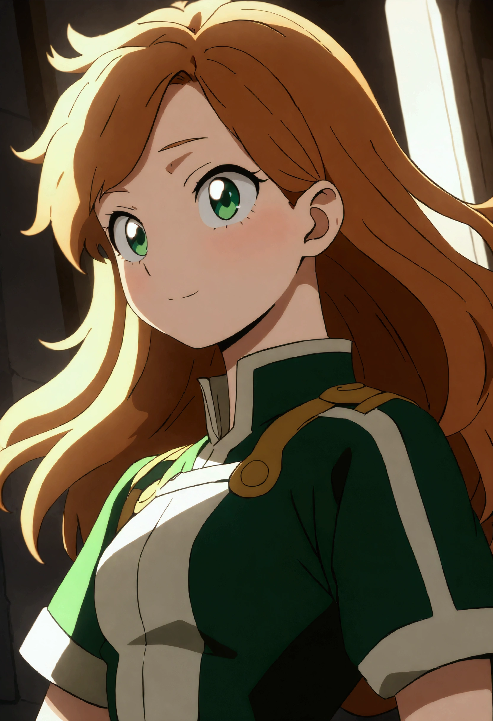 She is a 16 year old teenager, she has slightly disheveled very ginger hair..., somewhat light green eyes, , fit body , anime art slyle my hero academy , cute face , she is dressed in the anime female uniform "my hero academia", , 8k, high quality, masterpiece, , cinematic, vivid colors, shining green eyes