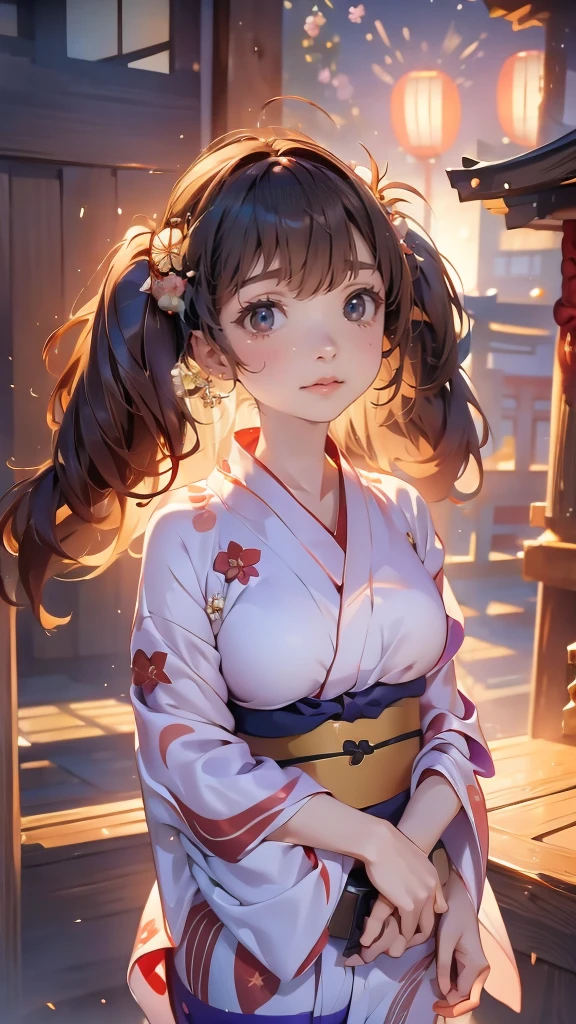 ((Looking up at the fireworks:1.5)),((One girl:1.5),Curvy,,Beautiful breasts,Large Breasts,Pale skin,(Erect nipples)),((Long Hair),(Thin Hair:1.8),(Twin tail hair:1.5),(Swept-apart bangs:1.5),(Very light coppery amber hair:1.5),(Hair on one eye:1.2)),((Realistic),8k,Ultra HD,High resolution,Highest quality,masterpiece,(Presence:1.5),(dynamic:1.5),(bold:1.5)),((Dressed:1.5),(Japanese Yukata:1.5))