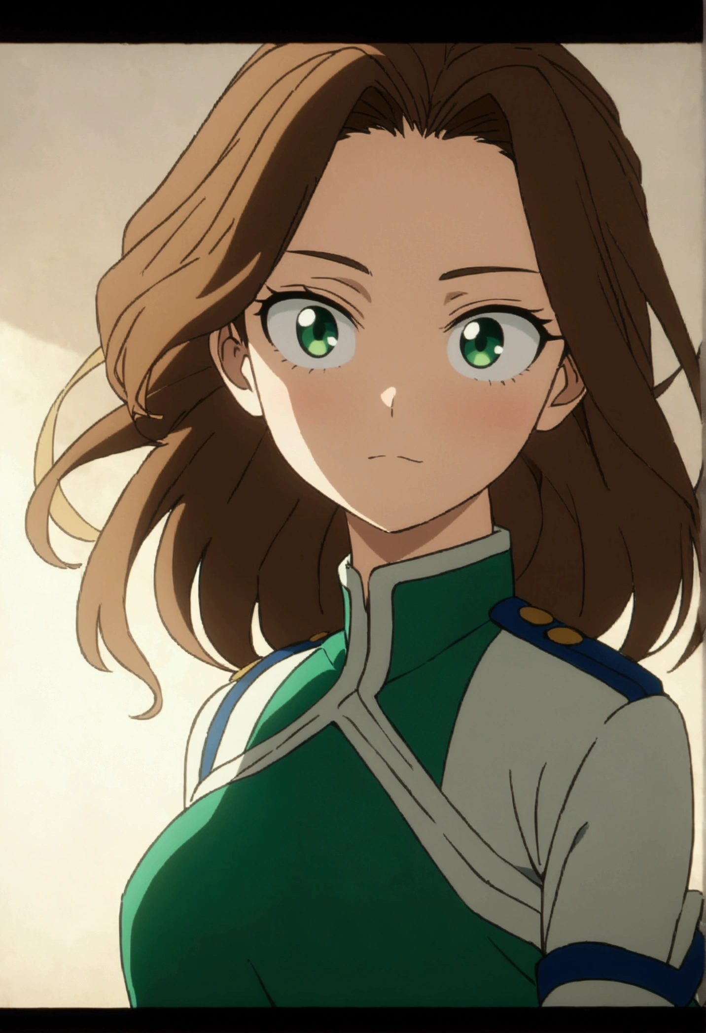 She is a 16 year old teenager, she has slightly disheveled long brown hair..., somewhat light green eyes, , fit body , anime art slyle my hero academy , sexy face , she is dressed in the anime female uniform "my hero academia", , 8k, high quality, masterpiece, , cinematic, vivid colors, shining green eyes