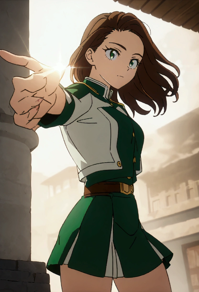 She is a 16 year old teenager, she has slightly disheveled long brown hair..., somewhat light green eyes, , fit body , anime art slyle my hero academy , sexy face , she is dressed in the anime female uniform "my hero academia", , 8k, high quality, masterpiece, , cinematic, vivid colors, shining green eyes