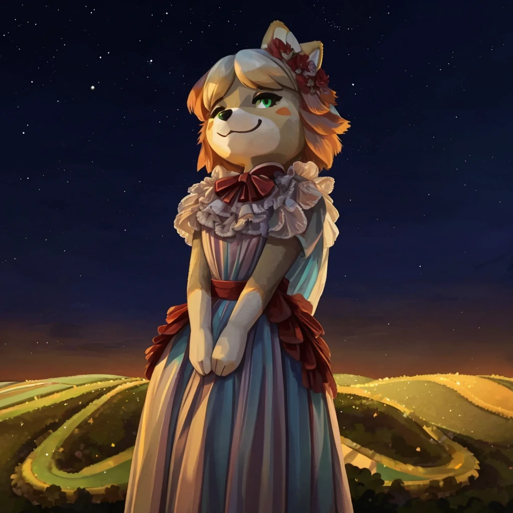 a medium close up of an anthropomorphic grey wolf lady, dressed with a red vine colored elegant dress, she has cyan hair and green eyes, closed smile, high quality furry art, night sky background, animal crossing style.