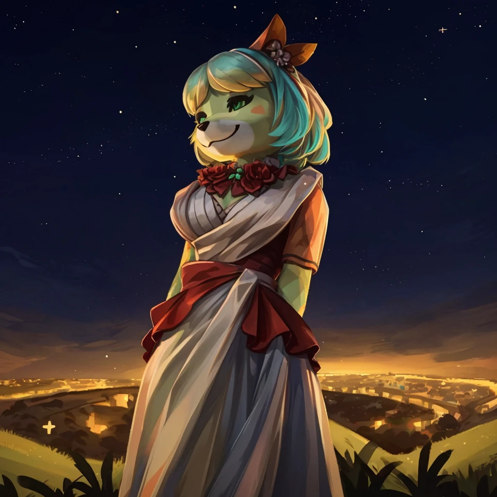 a medium close up of an anthropomorphic grey wolf lady, dressed with a red vine colored elegant dress, she has cyan hair and green eyes, closed smile, high quality furry art, night sky background, animal crossing style.